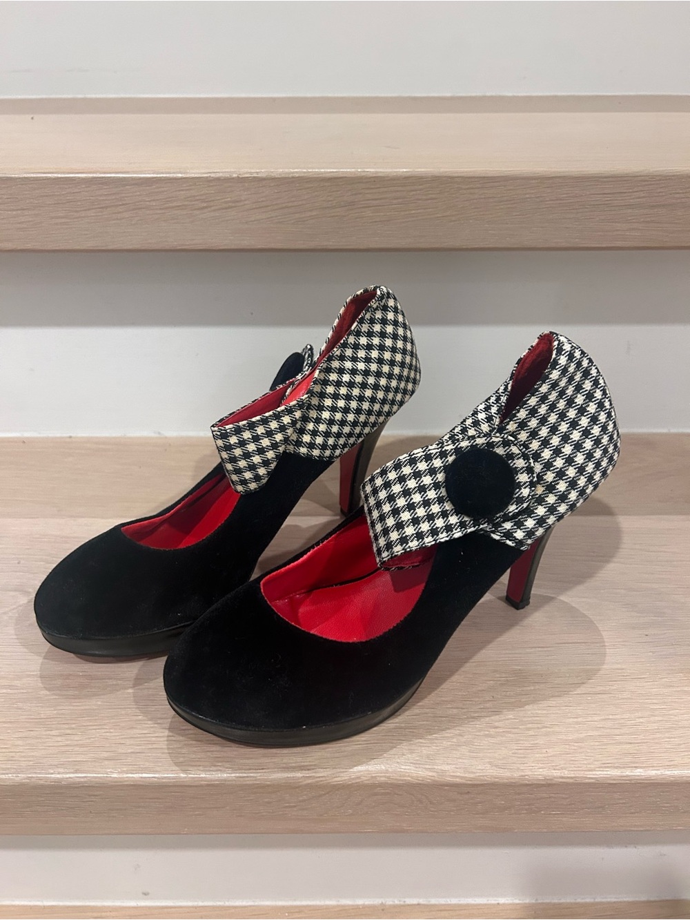Women’s Black Suede High Heels with Houndstooth Cuff